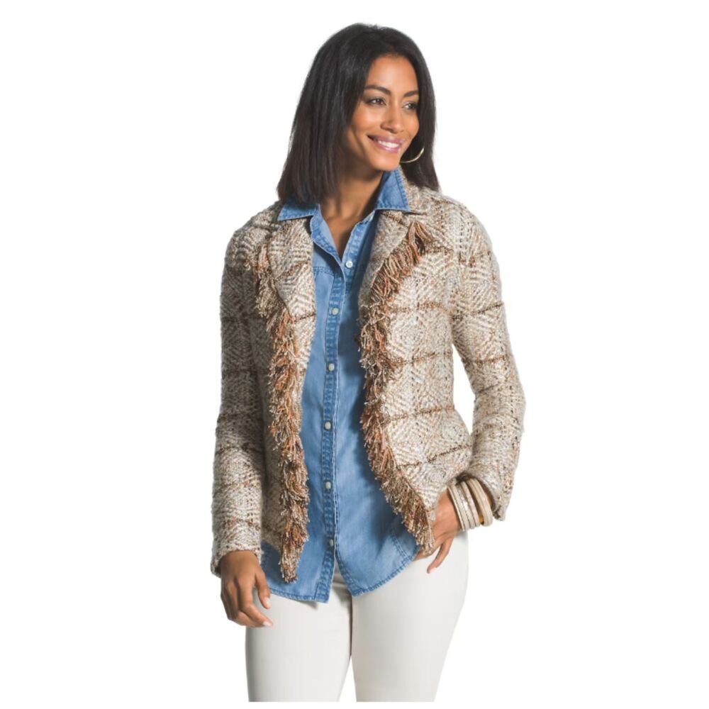 Chicos Fringe Nikita Tweed Cardigan Knit Sweater With Notched Lapels Boho 0 (S)
